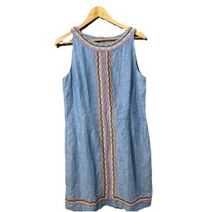 Talbots Linen Shift Dress 10P Chambray Blue Rainbow Embroidered Scallop